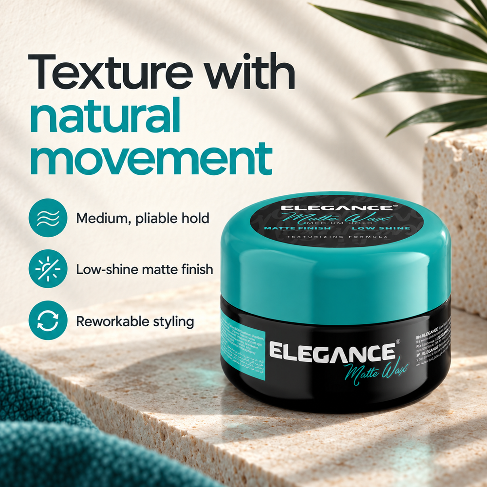 Elegance Matte Wax 100ml benefits: Medium, pliable hold, Low-shine matte finish, Reworkable styling