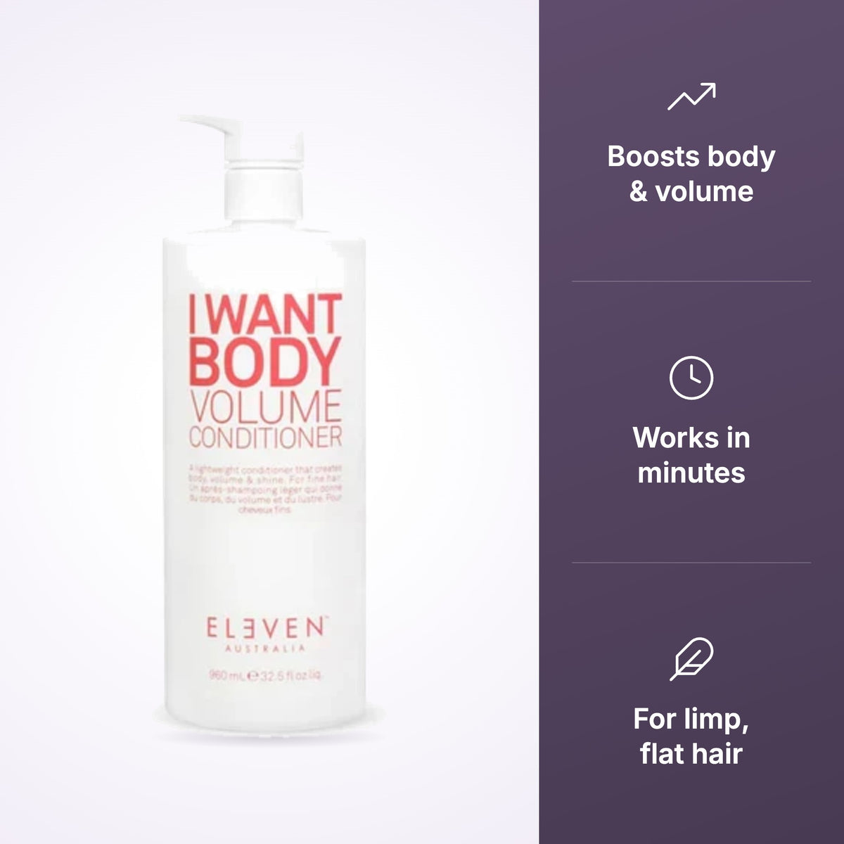 Eleven Australia I Want Body Volume Conditioner 960ml key benefits infographic