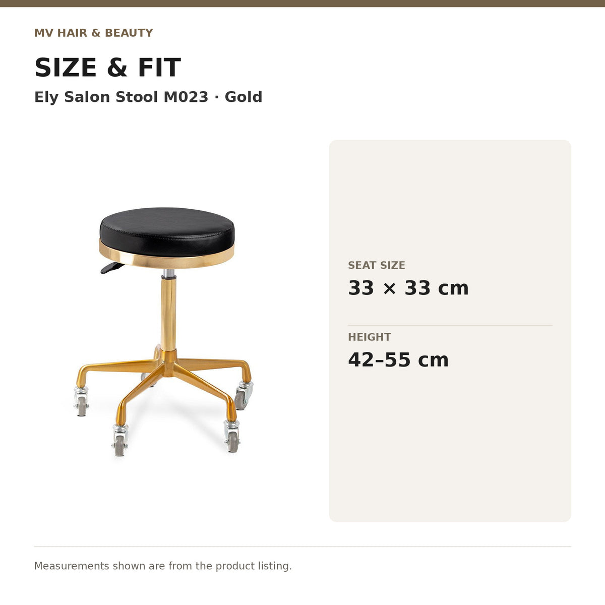 Ely Salon Stool M023 – Gold dimensions: Seat size: 33 × 33 cm; Height: 42–55 cm