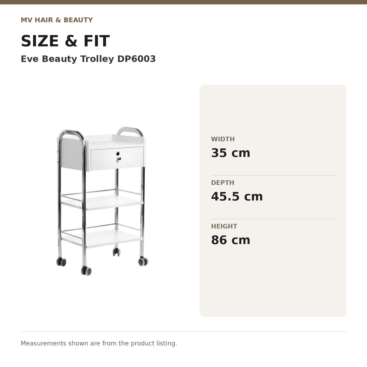 Eve Beauty Trolley DP6003 dimensions: Width: 35 cm; Depth: 45.5 cm; Height: 86 cm