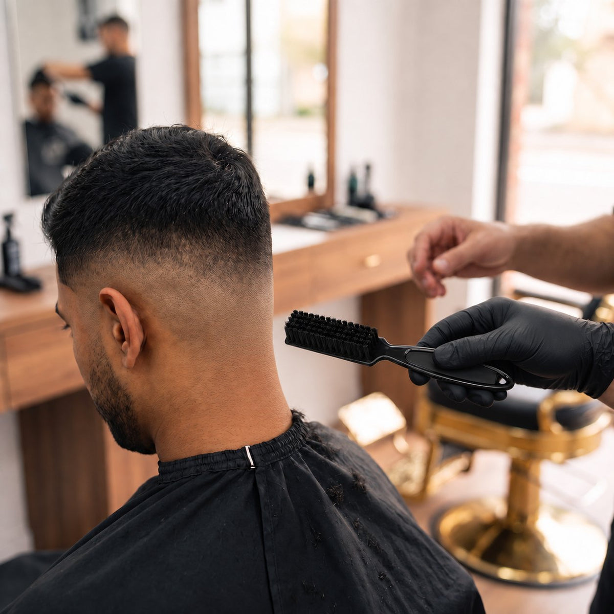 MV black barber fade brush with narrow rectangular bristle head, held beside a client in a salon