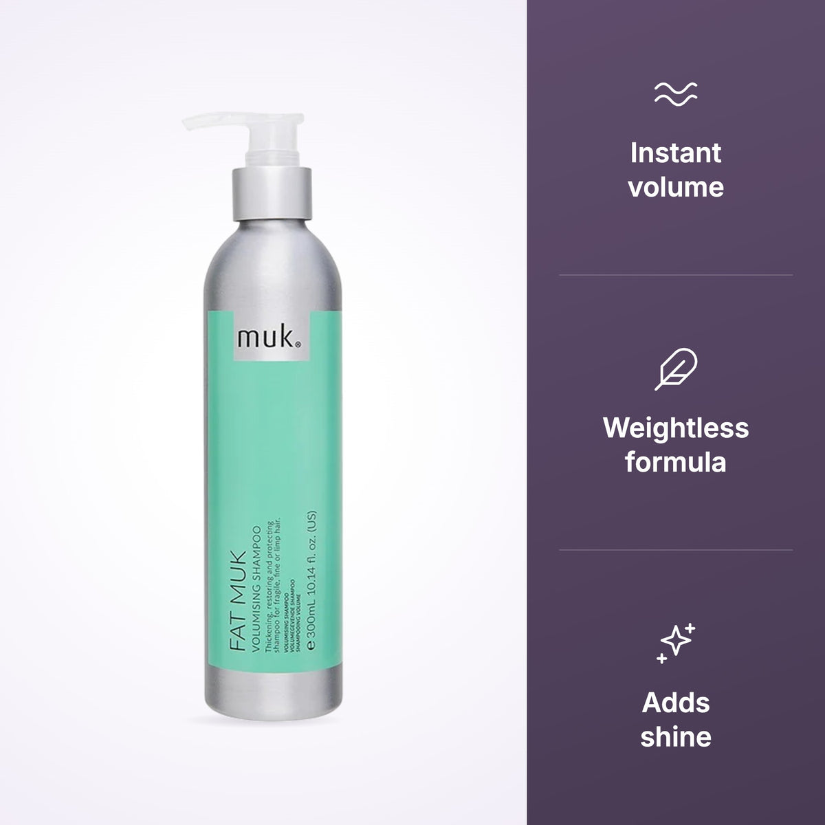 Fat muk Volumising Shampoo 300ml key benefits infographic