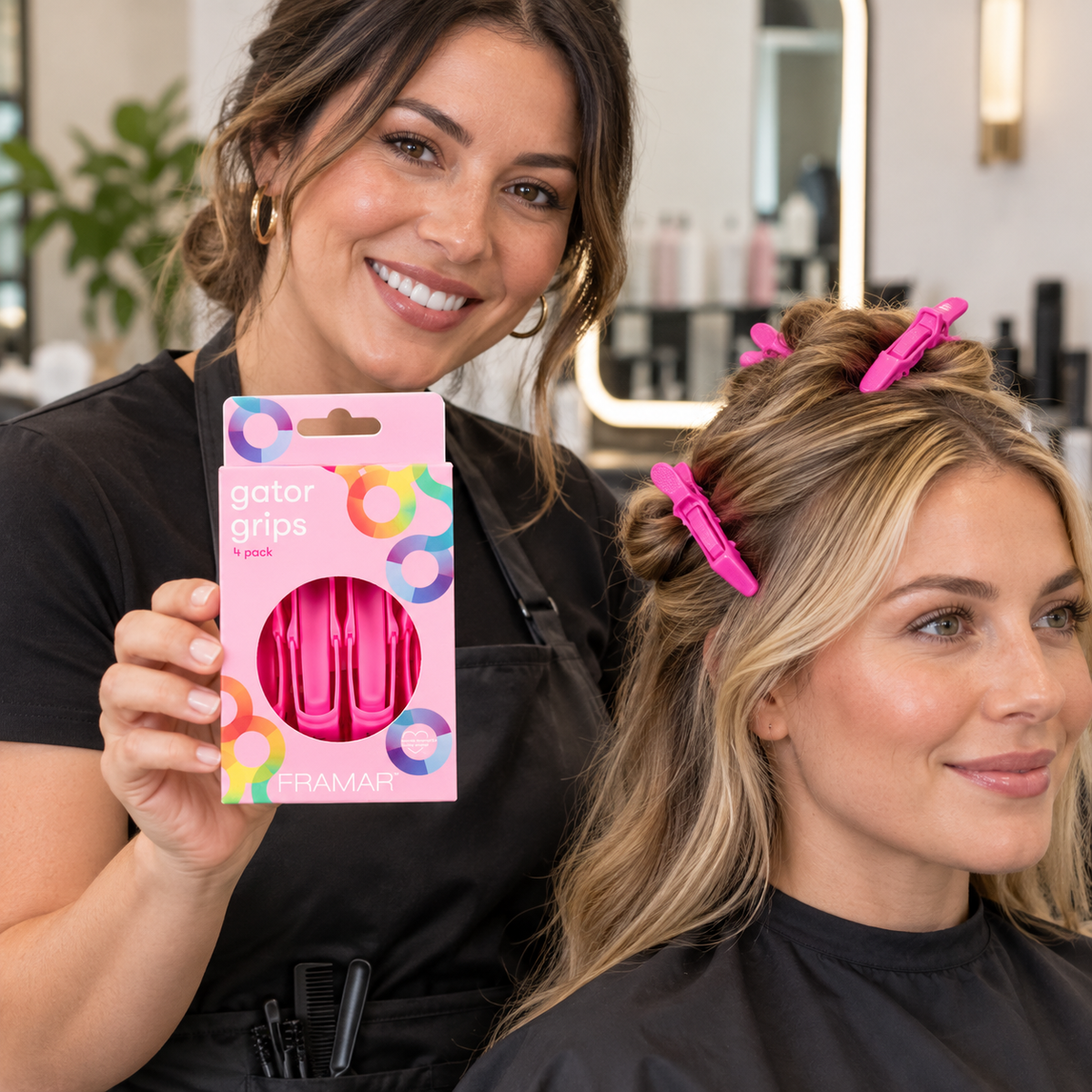 Framar Gator Grip Clips 4 Pack – Pink — model and salon context