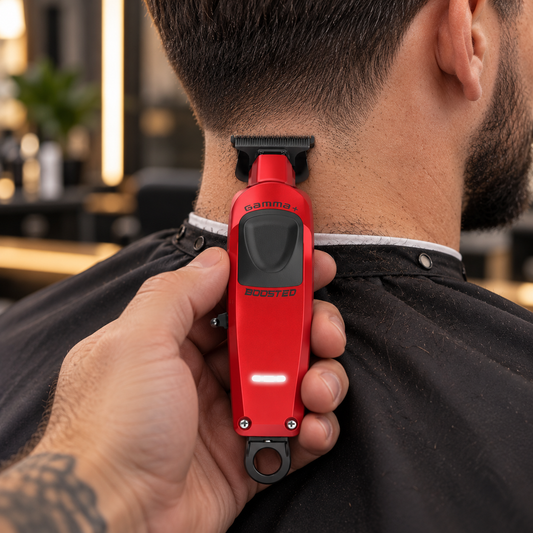 Barber using the Gamma+ Boosted trimmer with its red cover to outline a neckline.