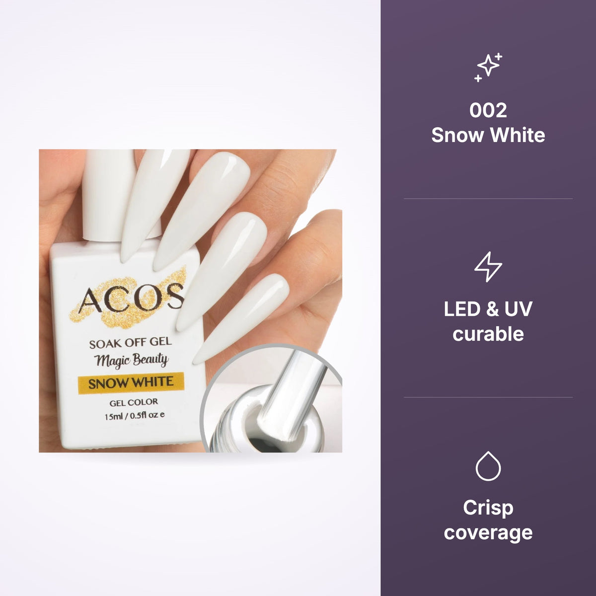ACOS Magic Beauty Gel Polish 002 Snow White 15ml key benefits infographic