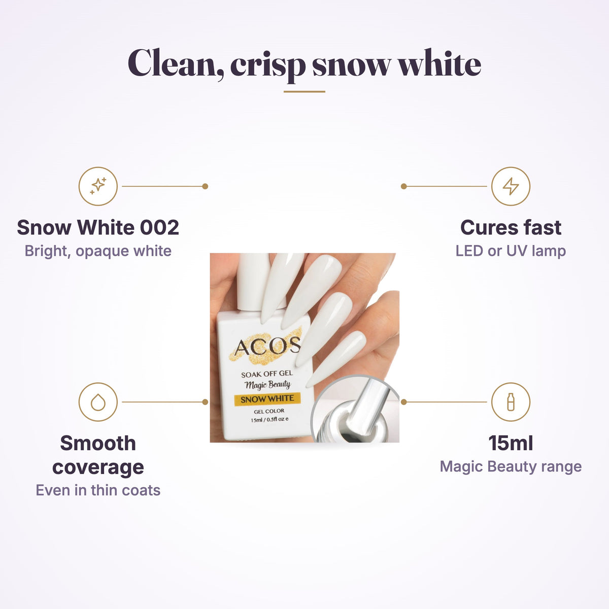 ACOS Magic Beauty Gel Polish 002 Snow White 15ml features infographic