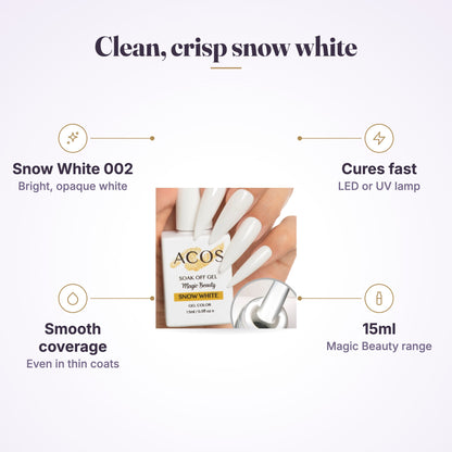 ACOS Magic Beauty Gel Polish 002 Snow White 15ml features infographic