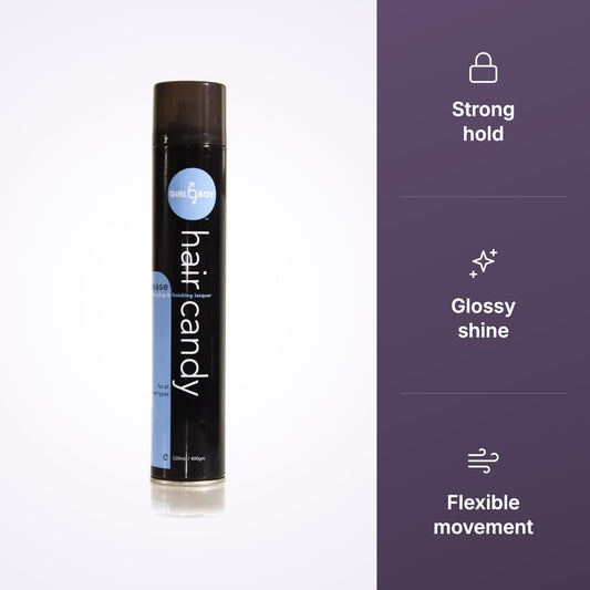 GIRLBOY Tease Lacquer Strong Hold Hair Spray – Shine & Finishing Spray key benefits infographic