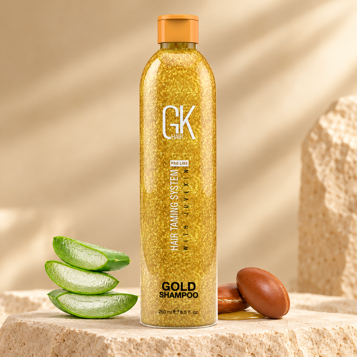 GK Gold Shampoo Hair Taming System 250ml studio photograph
