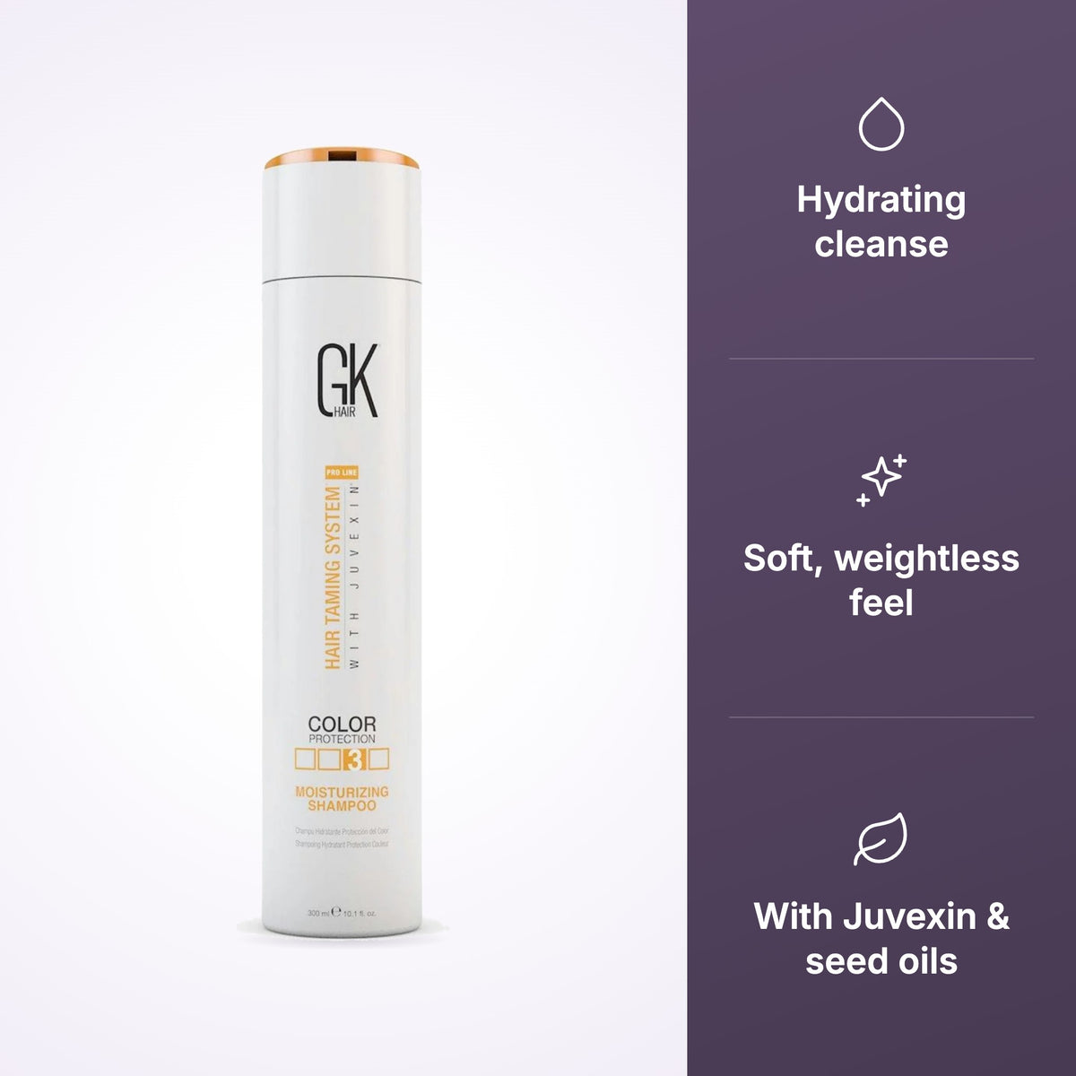 GK Hair Moisturizing Shampoo with hydrating cleanse, soft feel, Juvexin and seed oils icons