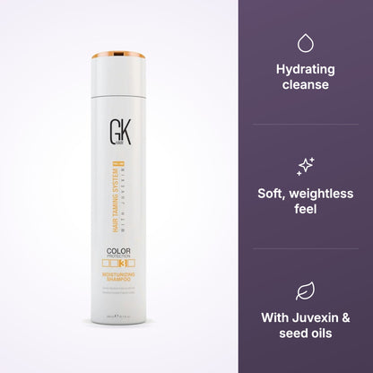 GK Hair Moisturizing Shampoo with hydrating cleanse, soft feel, Juvexin and seed oils icons
