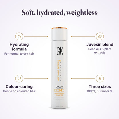 GK Hair Moisturizing Shampoo feature graphic: hydrating, Juvexin, colour caring, three sizes