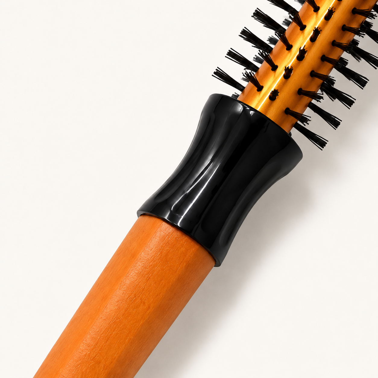 Gold round brush natural wood handle and black collar detail