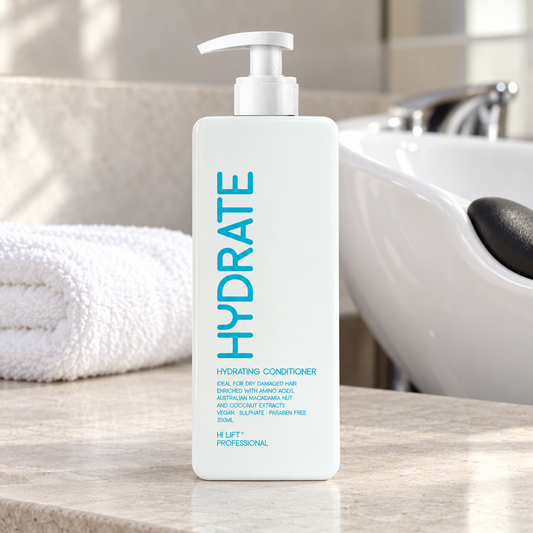Hi Lift Hydrate Hydrating Conditioner 350ml pump bottle beside a white salon wash basin