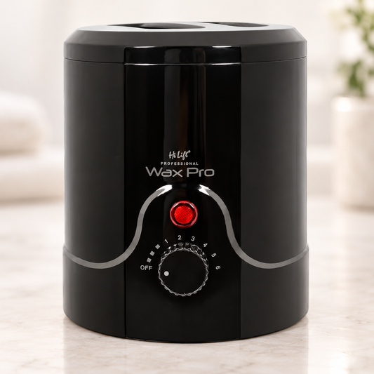 Black Hi Lift Wax Pro 200 heater on a salon counter with its temperature dial visible.