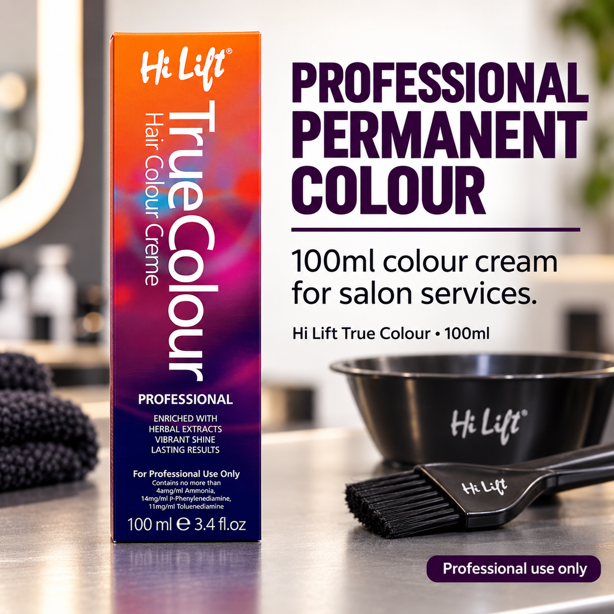 PROFESSIONAL PERMANENT COLOUR. 100ml colour cream for salon services.