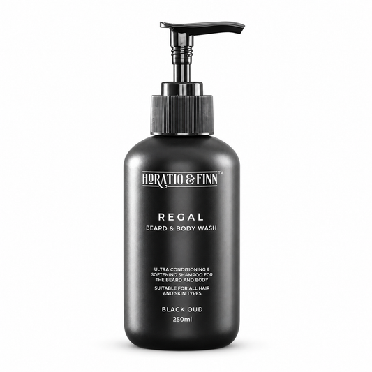 Horatio & Finn Regal Black Oud beard and body wash, 250ml pump bottle on white.