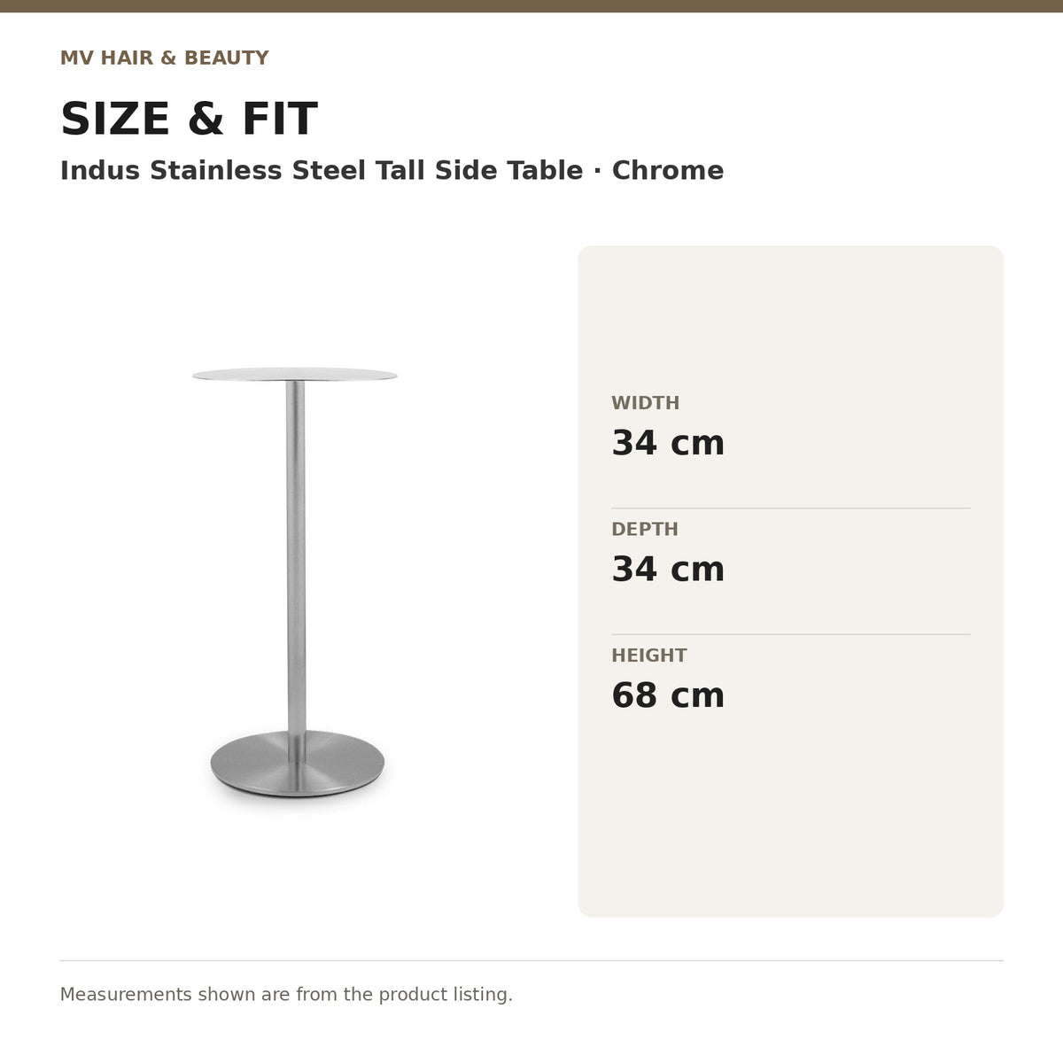 Indus Stainless Steel Tall Side Table – Chrome dimensions: Width: 34 cm; Depth: 34 cm; Height: 68 cm