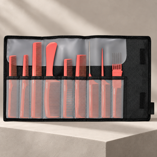 Jaguar A-Line Coral 9-Piece Antistatic Comb Set with Case — studio product photograph