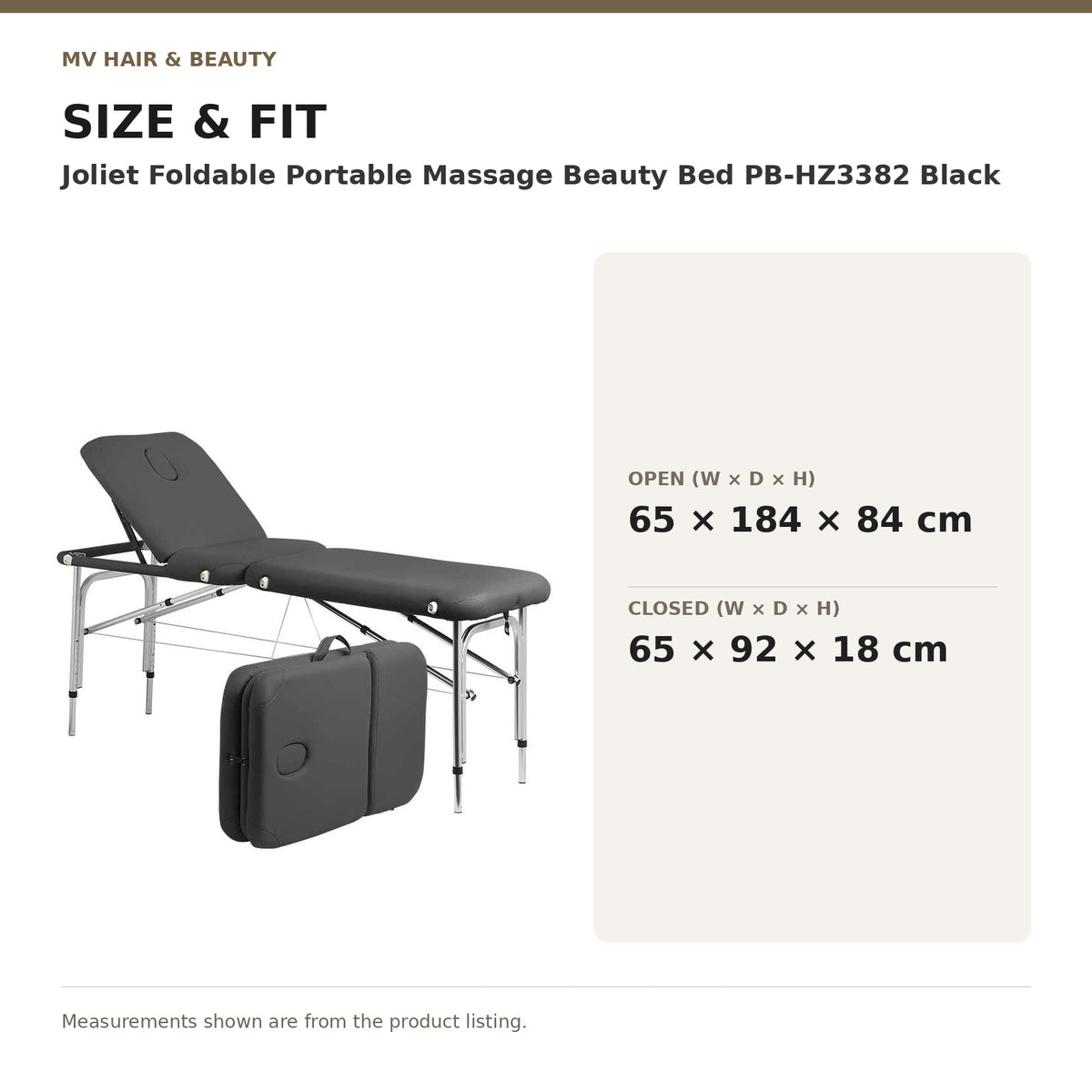 Joliet Foldable Portable Massage Beauty Bed PB-HZ3382 Black dimensions: Open (W × D × H): 65 × 184 × 84 cm; Closed (W × D × H): 65 × 92 × 18 cm