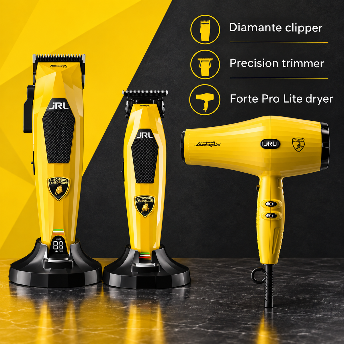 JRL x Lamborghini Bumblebee Trio – Yellow Clipper, Trimmer & Hair Dryer Set — product benefits