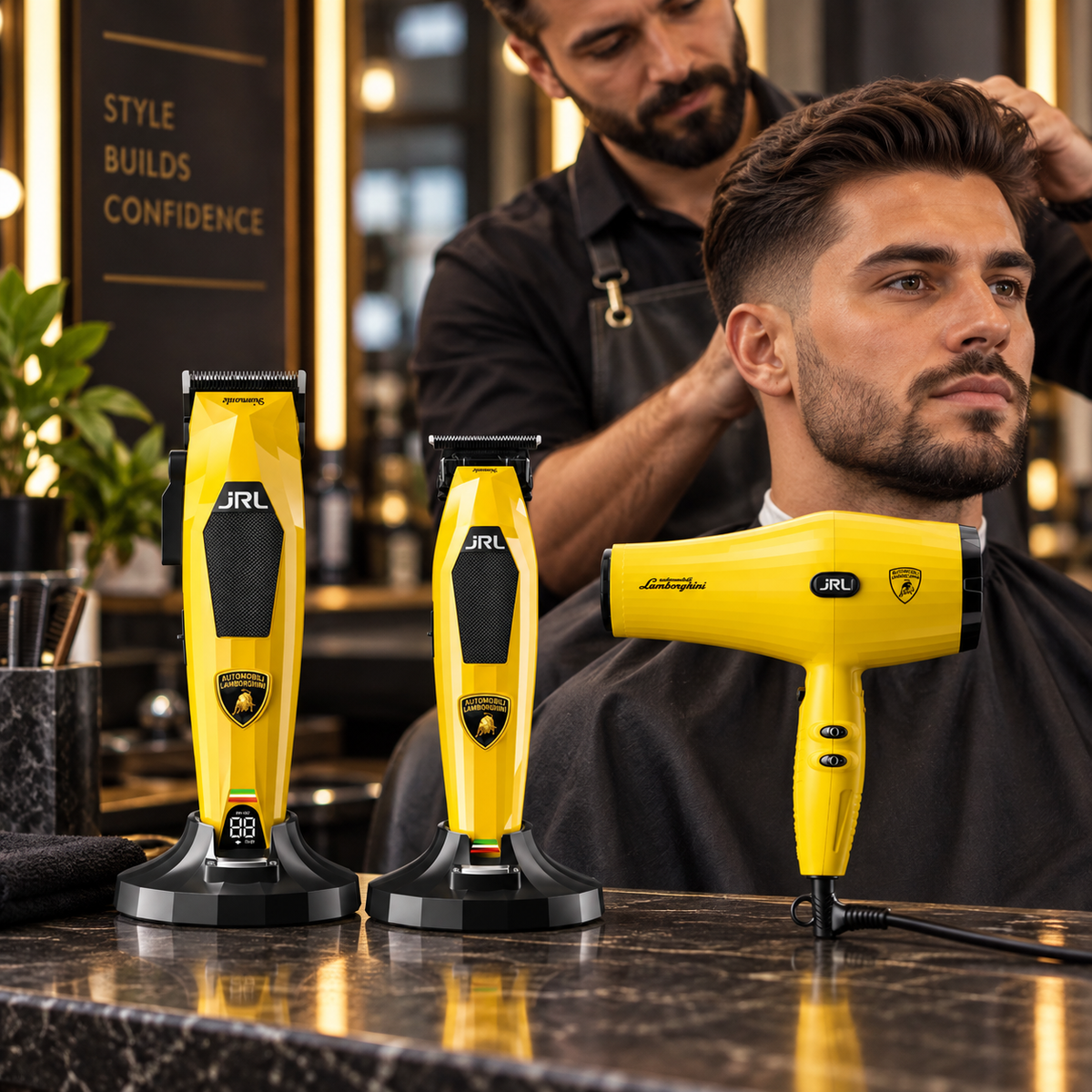 JRL x Lamborghini Bumblebee Trio – Yellow Clipper, Trimmer & Hair Dryer Set — model and salon context