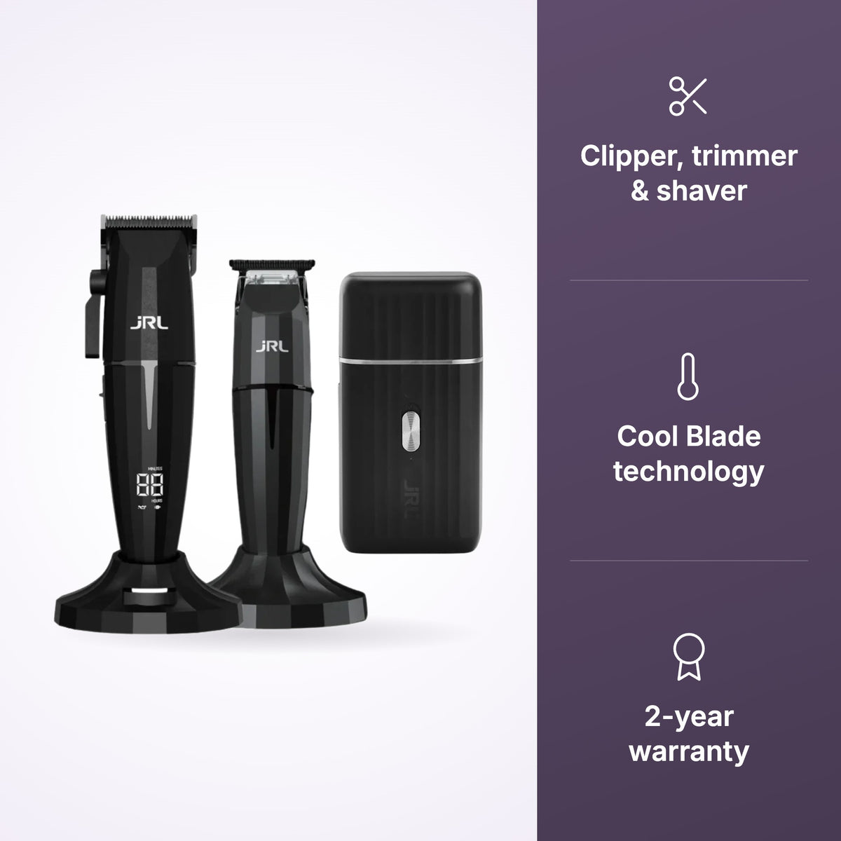 JRL Onyx Trio Pack Black – Clipper Trimmer Shaver Combo Kit key benefits infographic