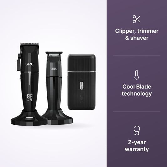 JRL Onyx Trio Pack Black – Clipper Trimmer Shaver Combo Kit key benefits infographic