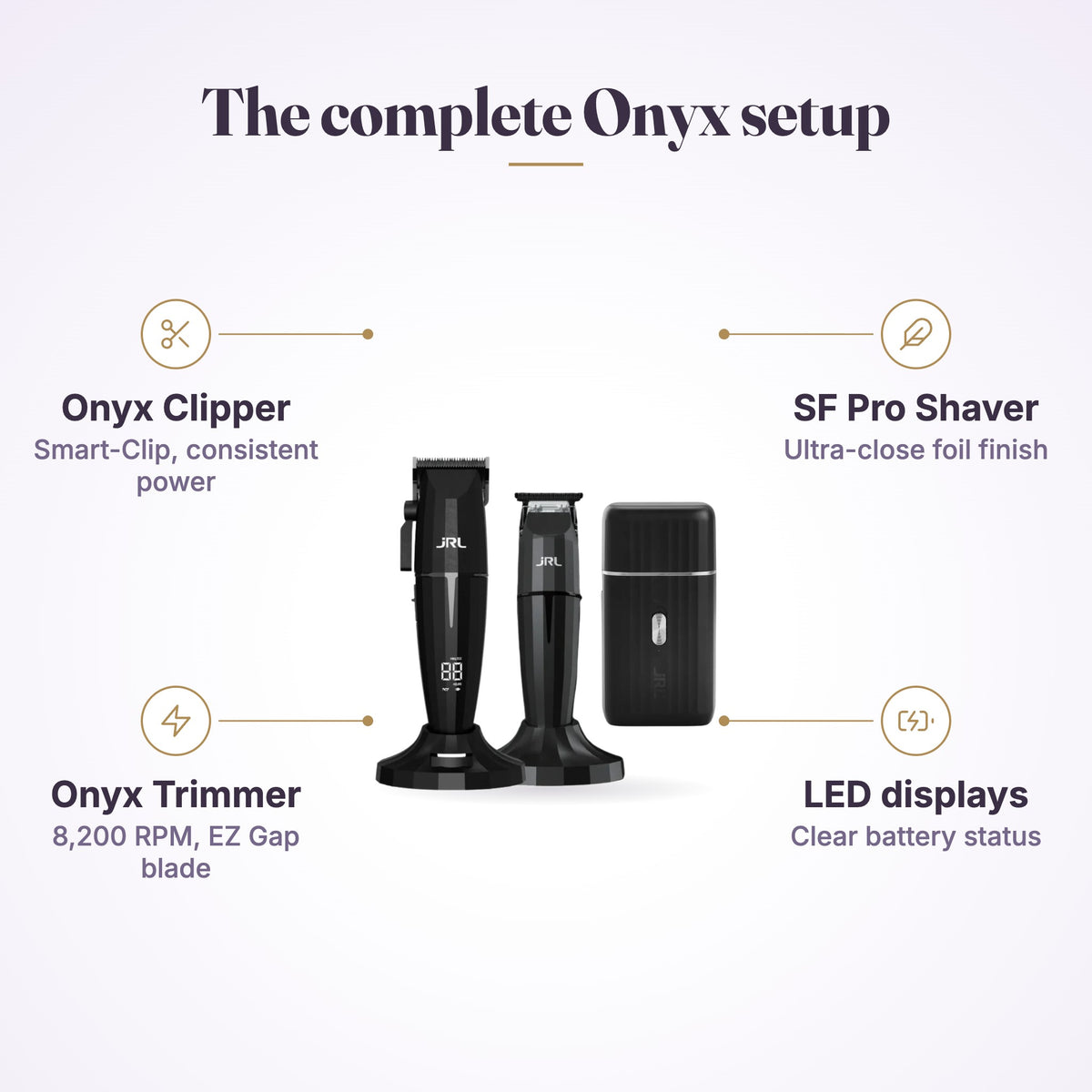 JRL Onyx Trio Pack Black – Clipper Trimmer Shaver Combo Kit features infographic