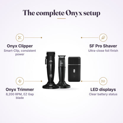JRL Onyx Trio Pack Black – Clipper Trimmer Shaver Combo Kit features infographic