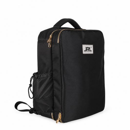 JRL Premium Backpack with black fabric, gold-tone zips and an empty side bottle pocket.
