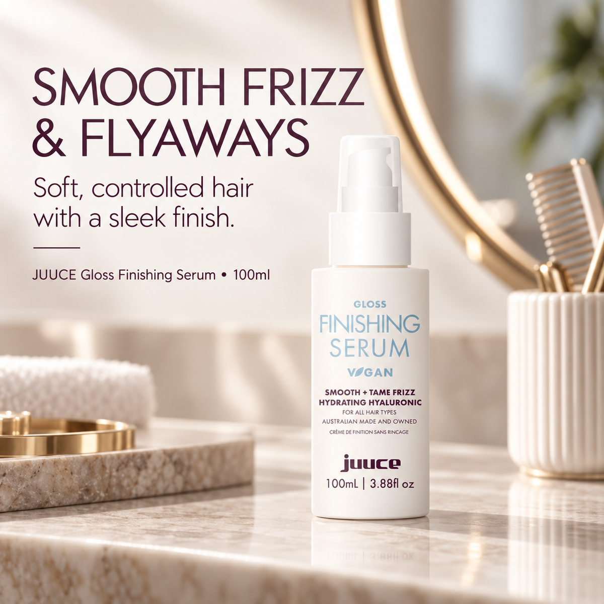 SMOOTH FRIZZ & FLYAWAYS. Soft, controlled hair with a sleek finish.