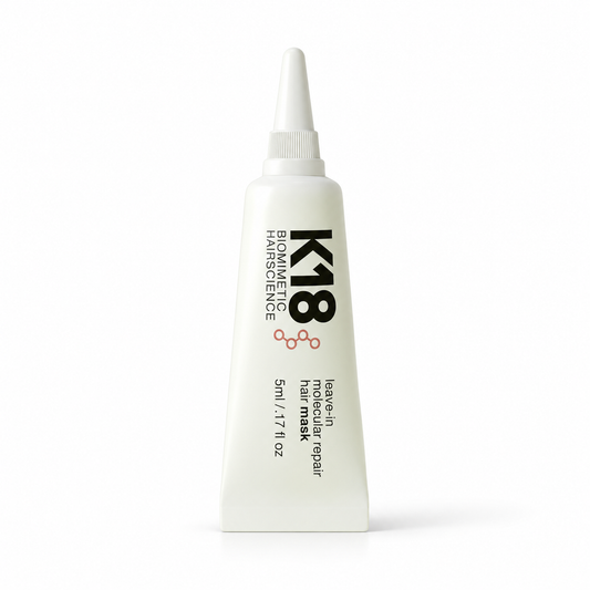 K18 leave-in molecular repair hair mask 5 ml tube on a white background.