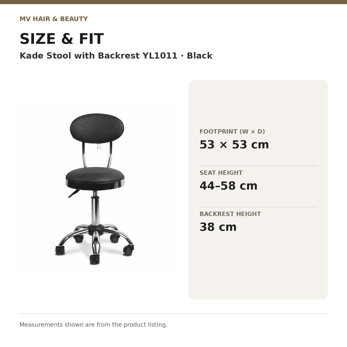 Kade Stool with Backrest YL1011 – Black dimensions: Footprint (W × D): 53 × 53 cm; Seat height: 44–58 cm; Backrest height: 38 cm