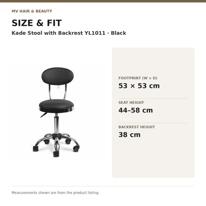 Kade Stool with Backrest YL1011 – Black dimensions: Footprint (W × D): 53 × 53 cm; Seat height: 44–58 cm; Backrest height: 38 cm
