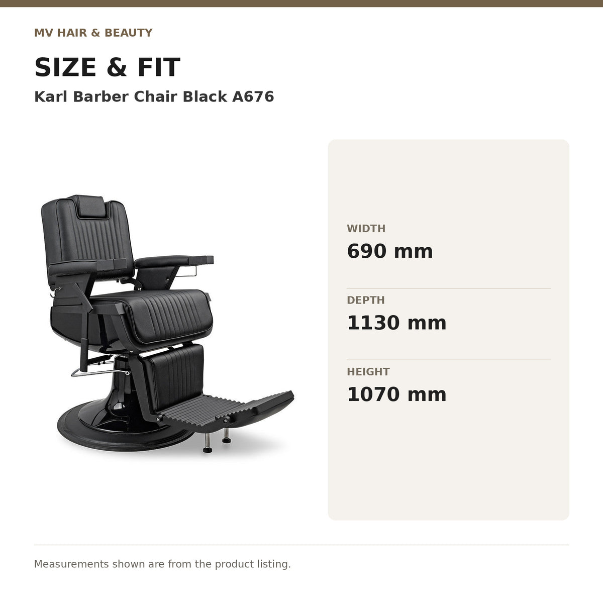 Karl Barber Chair Black A676 dimensions: Width: 690 mm; Depth: 1130 mm; Height: 1070 mm
