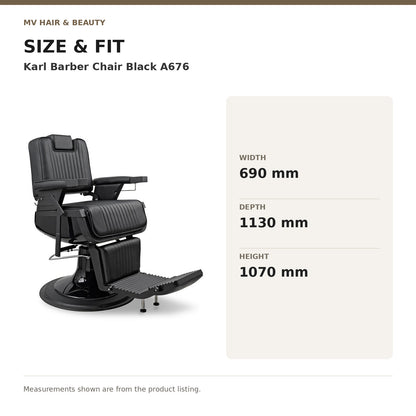 Karl Barber Chair Black A676 dimensions: Width: 690 mm; Depth: 1130 mm; Height: 1070 mm