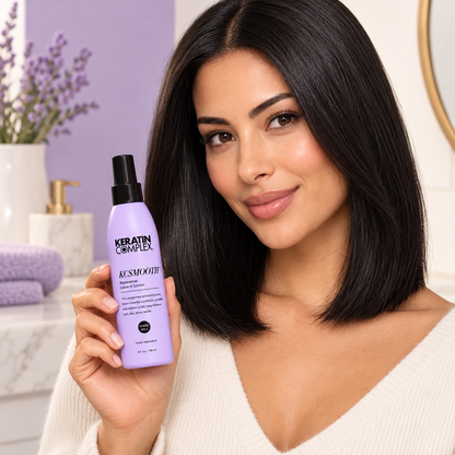 AI-generated illustration: Keratin Complex KCSMOOTH Restorative Leave-In Lotion 148ml in a salon or grooming setting
