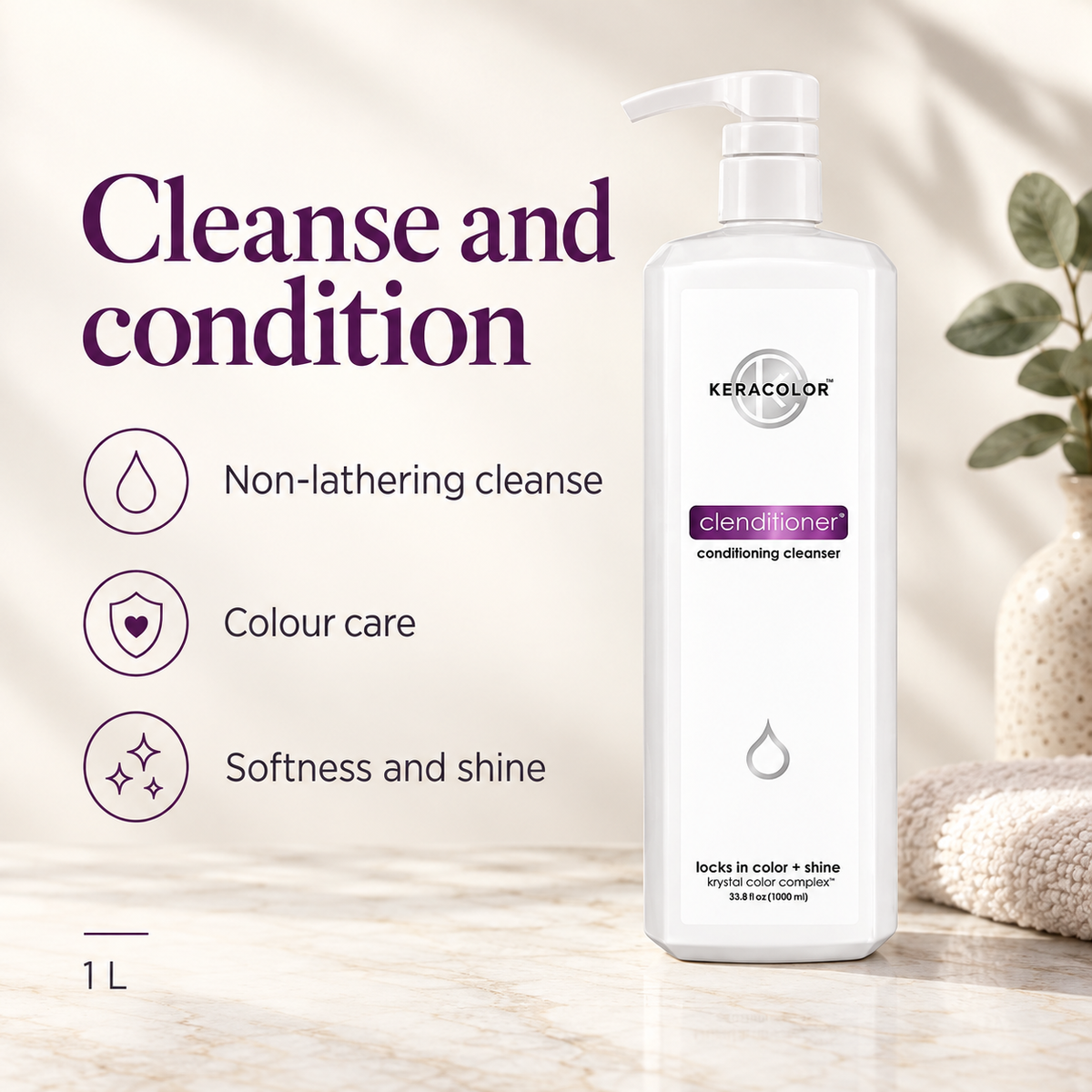 Keracolor Clenditioner Conditioning Cleanser 1L benefits: Non-lathering cleanse, Colour care, Softness and shine