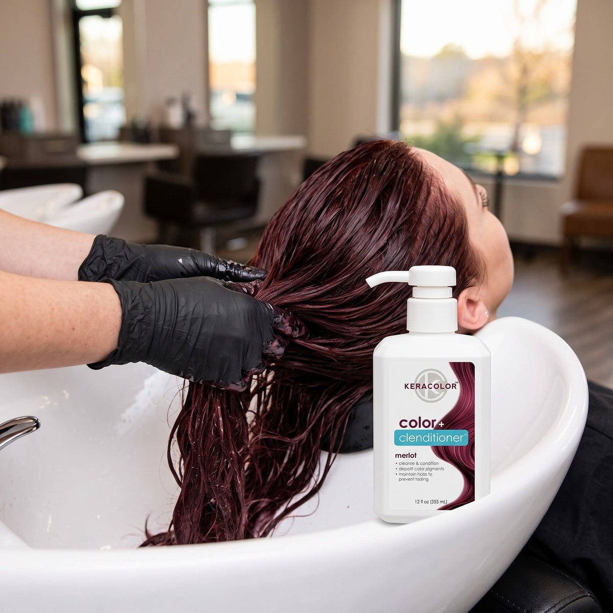 Keracolor Color Clenditioner Colour Shampoo Merlot 355ml in use