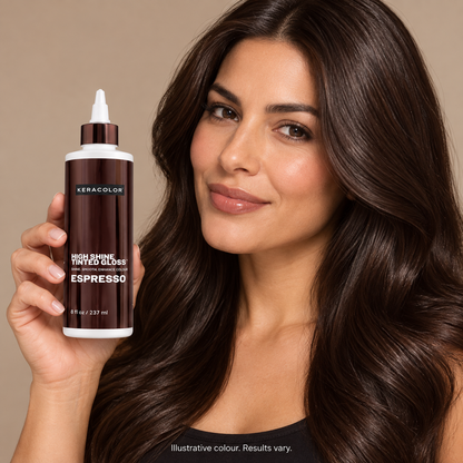 Keracolor High Shine Tinted Gloss Espresso — model and salon context
