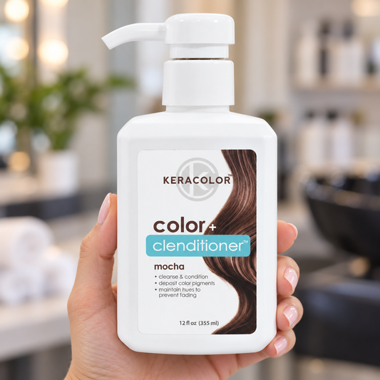 Keracolor Color+ Clenditioner Mocha 355ml pump bottle held upright in a salon.