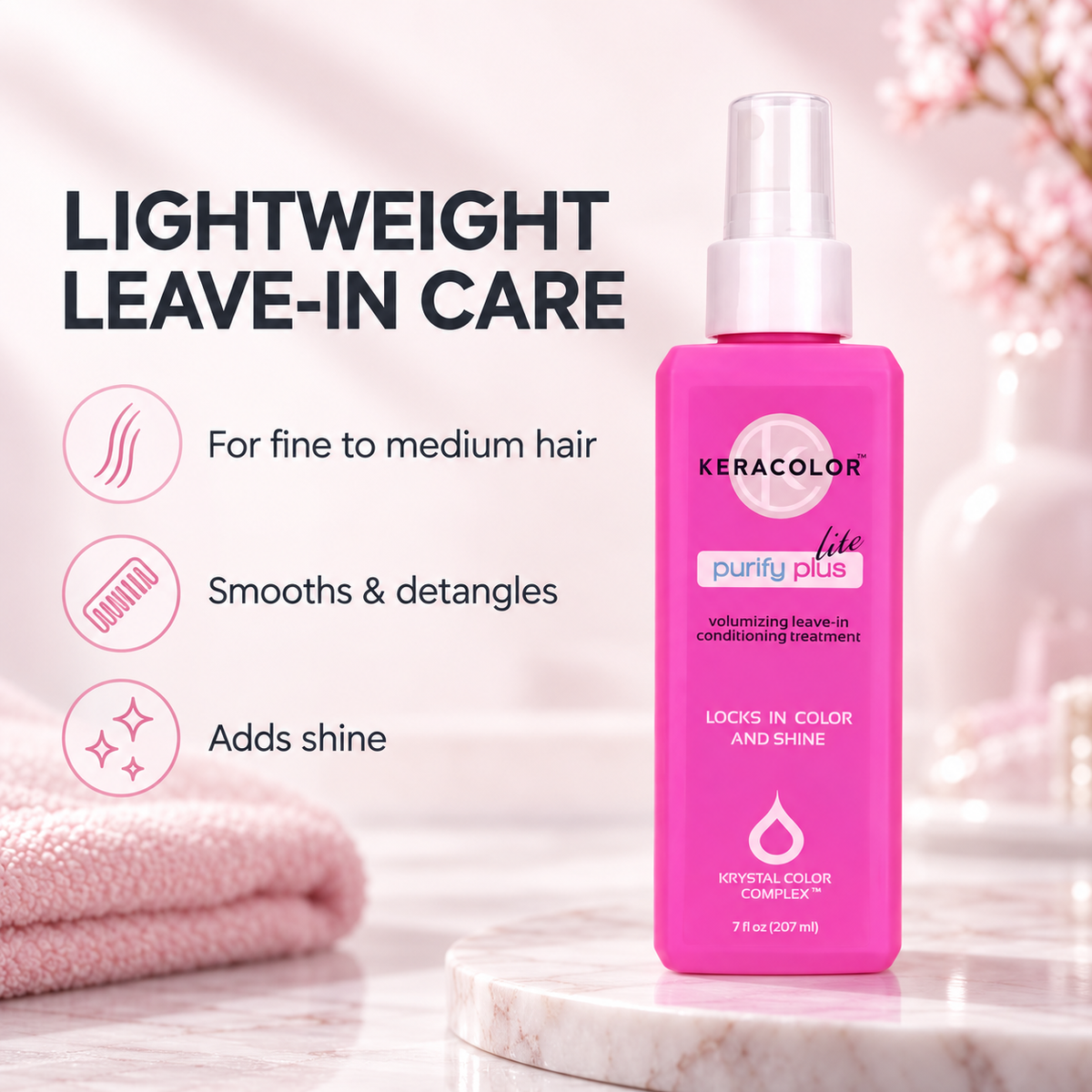 Keracolor Purify Plus Lite 207ml benefit graphic: For fine to medium hair; Smooths & detangles; Adds shine.