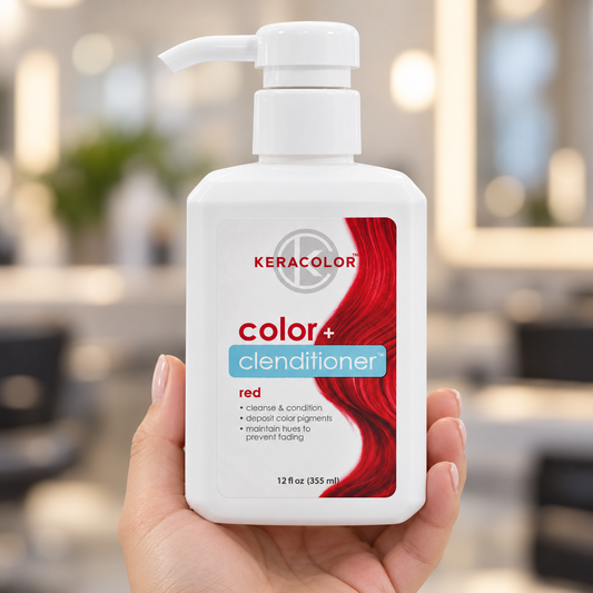 Keracolor Color Clenditioner Red 355ml bottle held upright with the pump and shade label visible