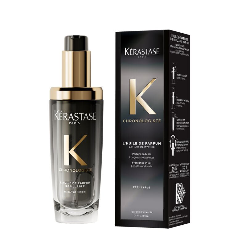 Kérastase Chronologiste Huile de Parfum 75ml refillable glass bottle shown with its black retail box