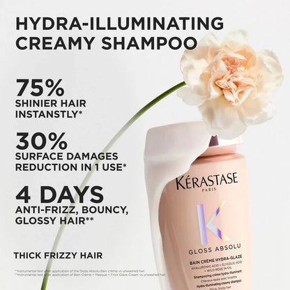 Kérastase Gloss Absolu Bain Crème Hydra-Glaze shine and anti-frizz claims graphic with the bottle and a flower