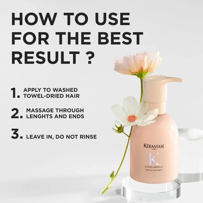 How to use Kérastase Gloss Absolu Frizz-Glaze Cream: apply to towel-dried hair, massage through lengths and ends, leave in