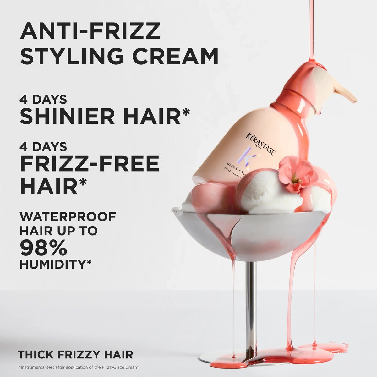 Kérastase Gloss Absolu Frizz-Glaze Cream benefits graphic, with the bottle above a glass of pink cream