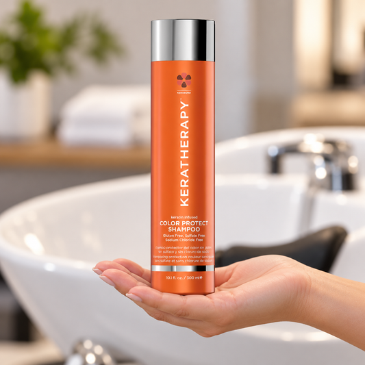 Keratherapy Color Protect Shampoo 300ml held upright at a salon wash basin