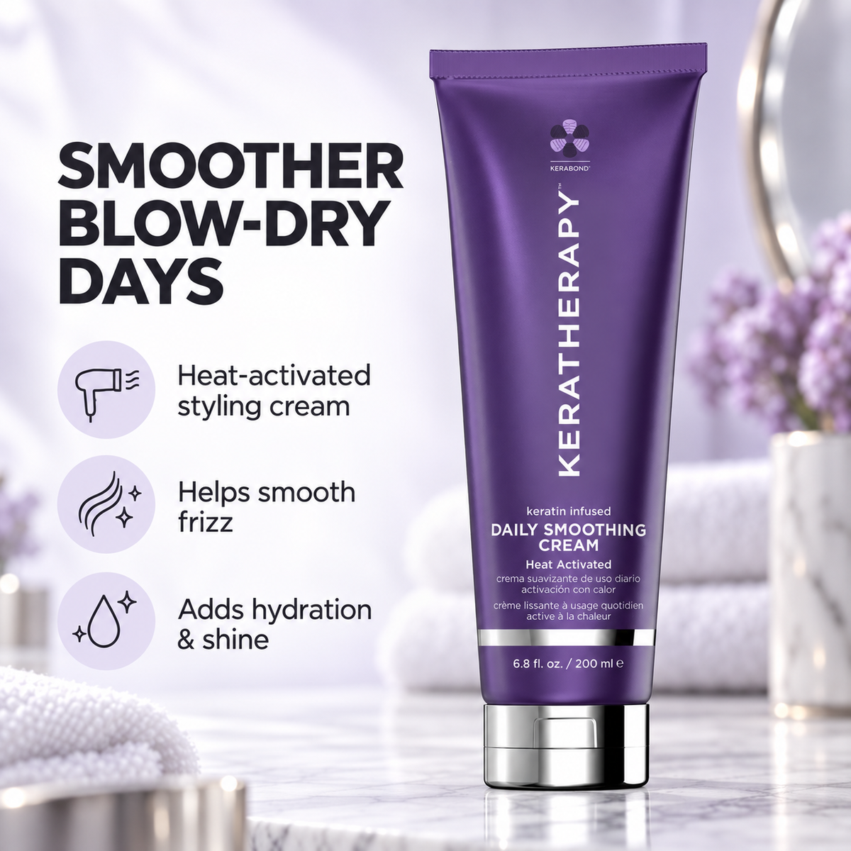 Keratherapy Keratin Infused Daily Smoothing Cream benefit graphic: Heat-activated styling cream; Helps smooth frizz; Adds hydration & shine.